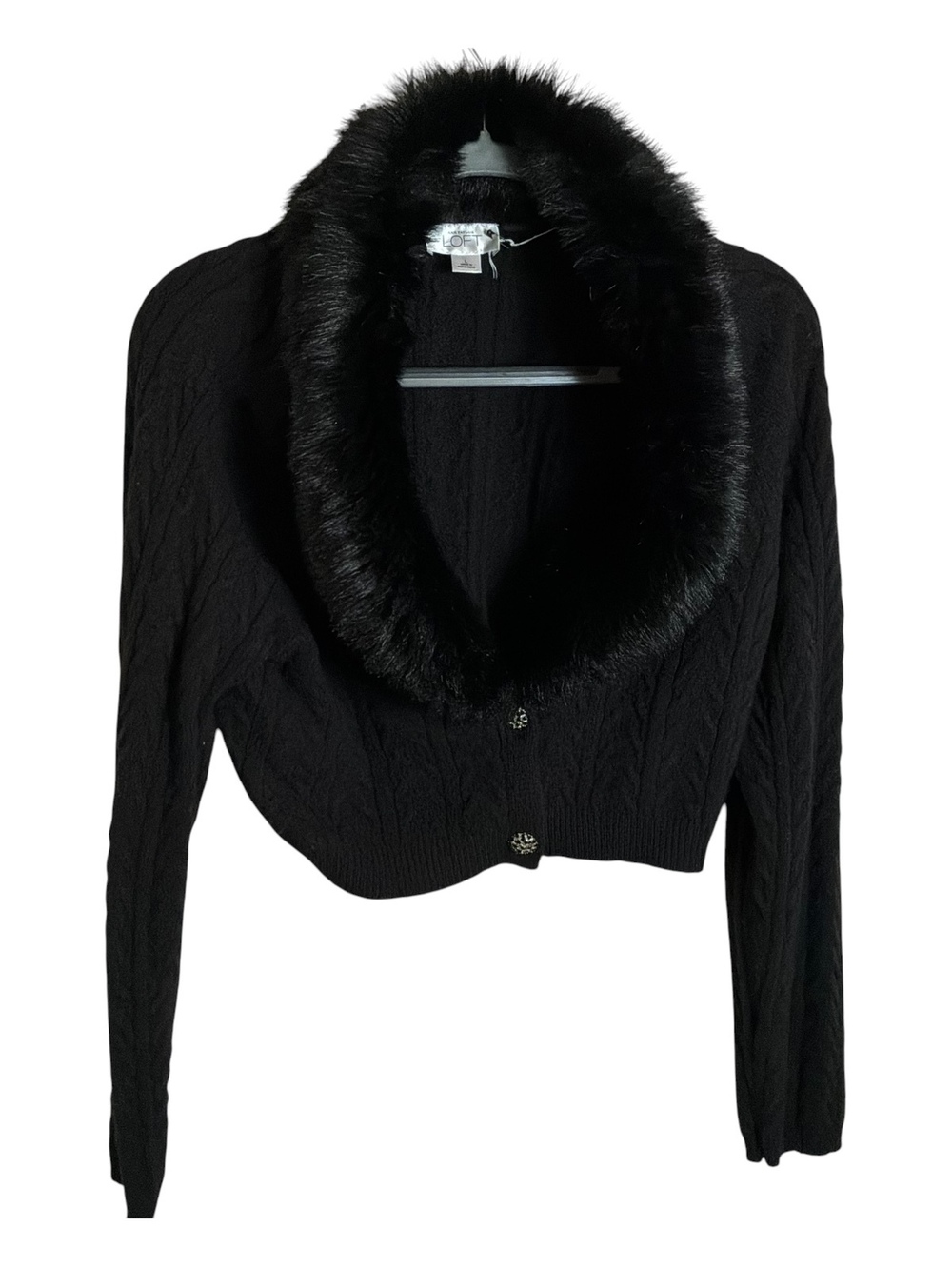Ann Taylor LOFT Black Cropped Cardigan Faux Fur Collar Jeweled Buttons L